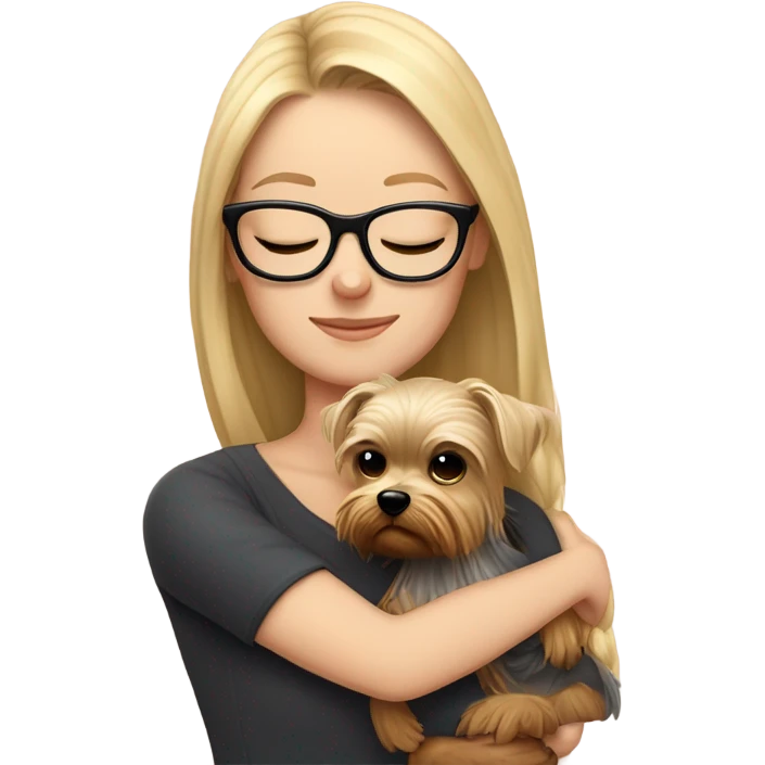 White girl, blonde hair, eyes closed, wearing glasses hugs Yorkshire terrier  emoji