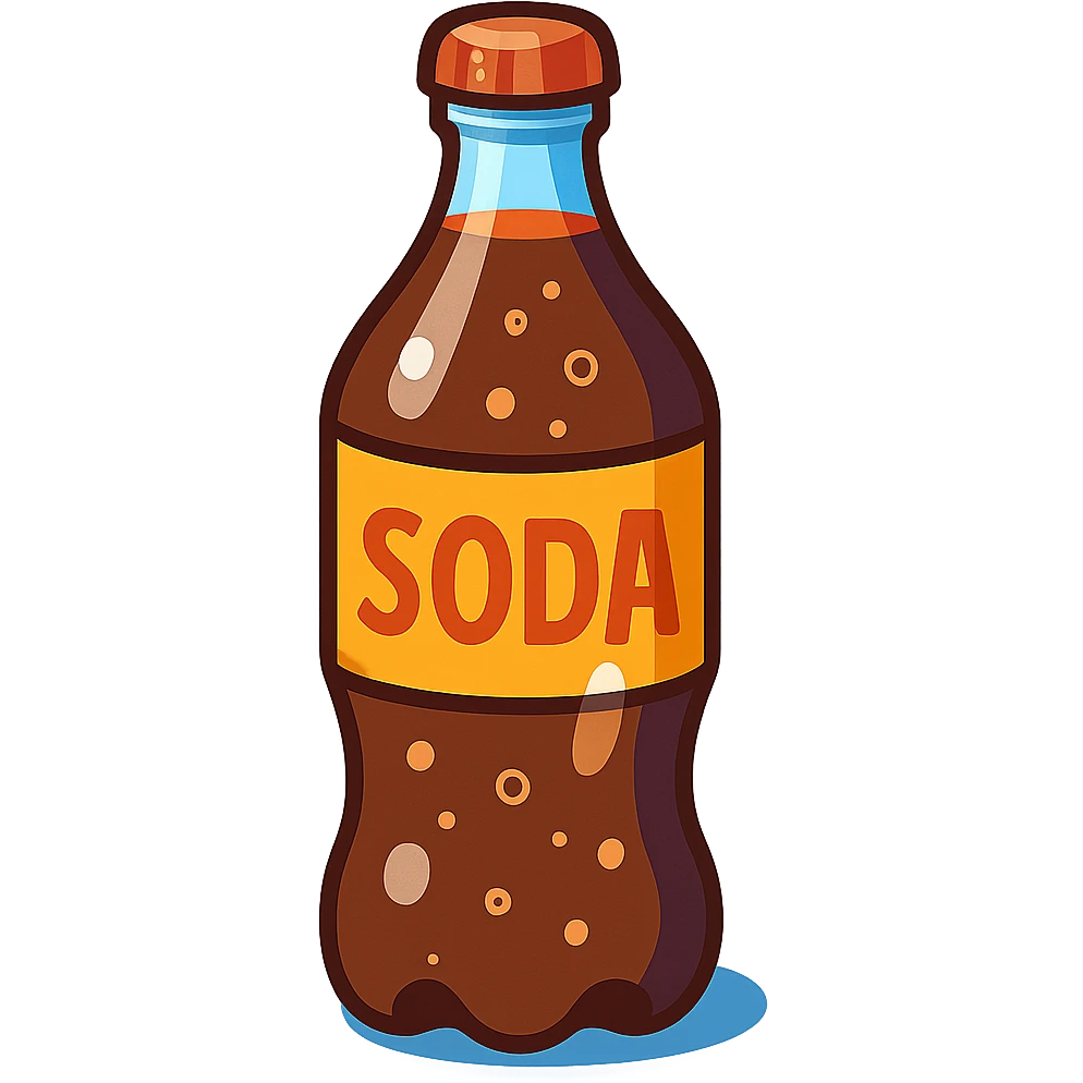 3D illustration of a soda bottle, classic shape, with bubbles and a shiny label, playful style emoji