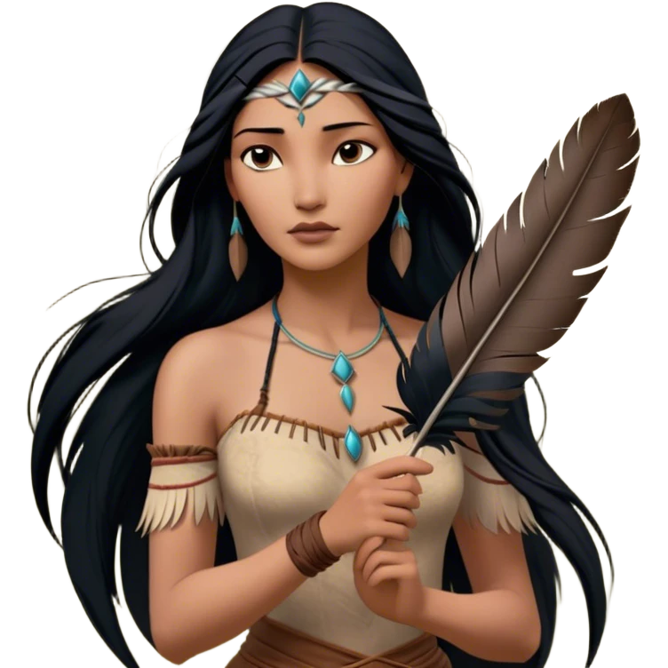 Cinematic Realistic Pocahontas Portrait, depicted with lifelike skin texture, soft natural lighting, and intricately detailed long, flowing raven-black hair that moves gracefully in the wind. Her deep, soulful dark brown eyes exude wisdom and strength, complemented by a serene yet powerful expression. She is shown gently holding a feather in one hand, her other hand resting lightly at her side, embodying the harmonious balance between nature and herself. She is dressed in her classic one-shoulder native American dress, with rich fabric textures and delicate beaded details that catch the light beautifully. The portrait features a soft, sun-kissed glow with a natural, radiant finish, capturing the essence of untamed beauty and deep connection to nature in a realistic and painterly style, evoking a sense of depth and authenticity. emoji
