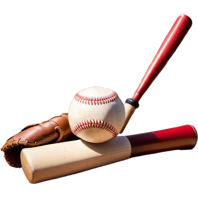 A baseball bat, ball, and glove resting on the ground, set against the backdrop of a baseball field. The scene captures the iconic equipment of the sport, with the field in the distance and a bright sky above, evoking the spirit of the game. emoji