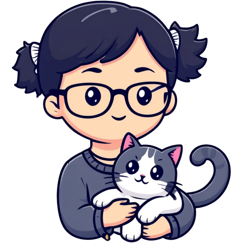 Girl with black hair wearing glasses holding a black and white cat emoji