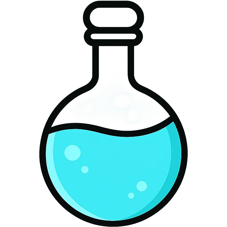minimalist and modern Discord role icon of an elegant elixir bottle with a spherical base, floating, glass effect, filled with #6fe8f3 liquid, professional look emoji