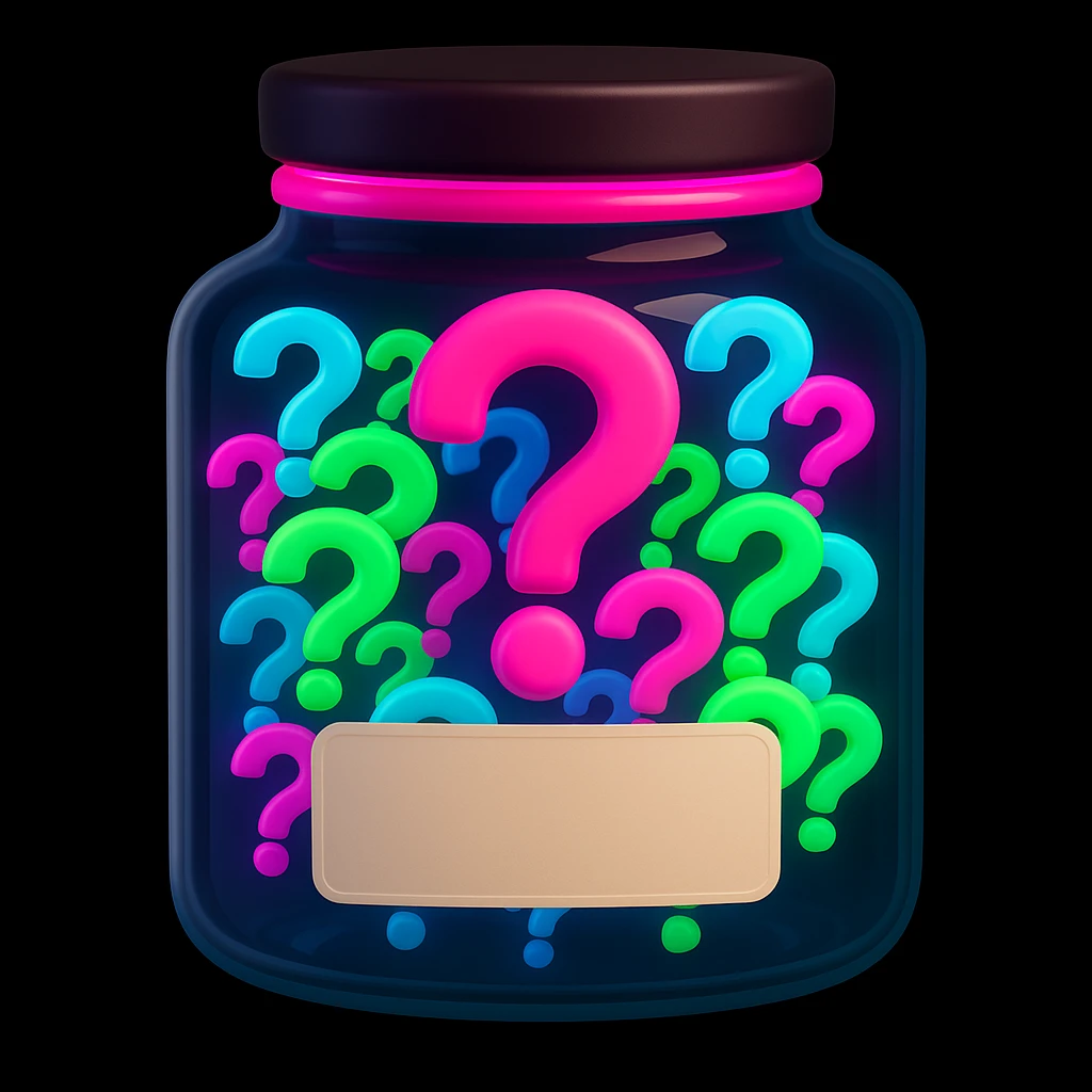 Add a blank label to the front of the jar, keep the neon question marks and 3D emoji style emoji