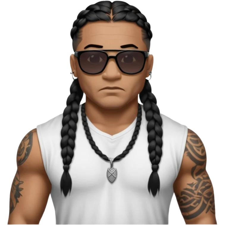 Samoan male. Chin hair only..
Untucked loose fitting white t-shirt. 
long black braided hair.
very muscular.
Even More tattoos. 
Tough and menacing.
Dark black square sunglasses. emoji