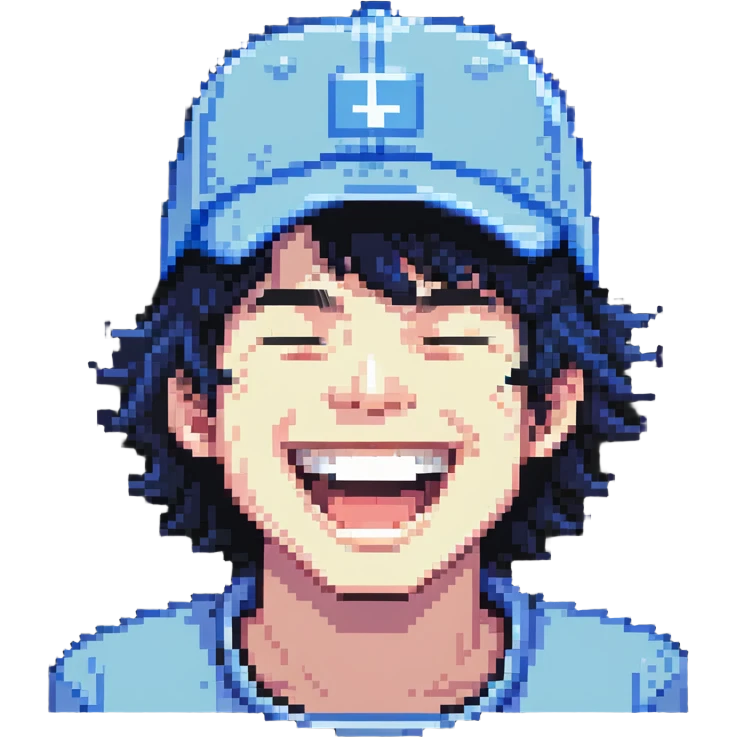 man with black hair and white skin wearing a blue cap hat, laughing emoji