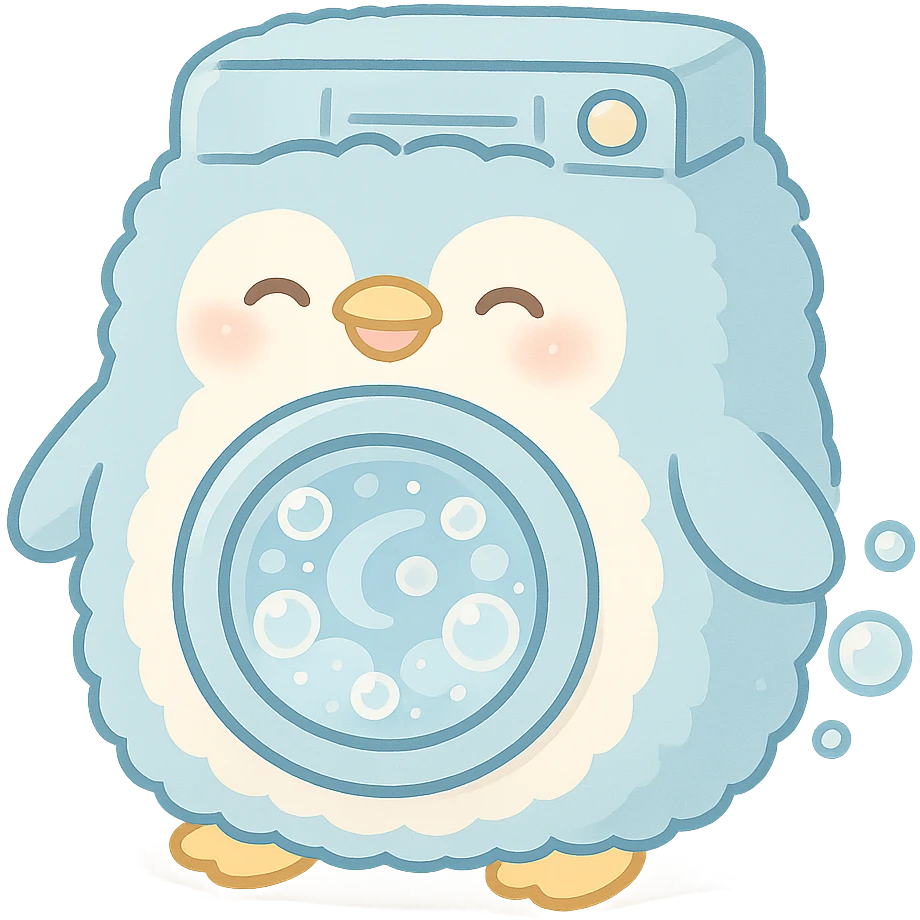 kawaii soft fluffy penguin washing machine, spinning soap bubbles, happy face, pastel blue, full-body emoji