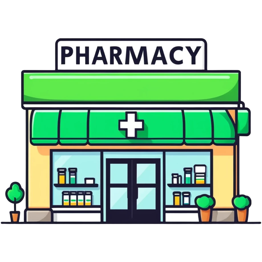 Pharmacy storefront, green cross sign emoji