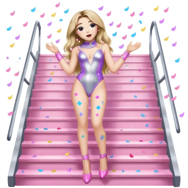 Sabrina carpenter singing at a concert wearing a silver bodysuit with kiss marks all over it  pink sparkle heels.  stage setting is very lit up with white stairs and confetti  emoji