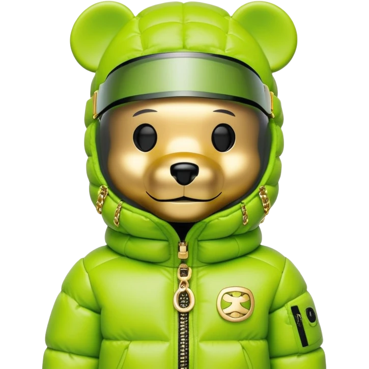 bearbrick in lime balaclava with logos where eye section is a single continuous dark visor lens integrated directly into the mask fabric, not additional eyewear, luxury puffy jacket with fur, gold chains emoji