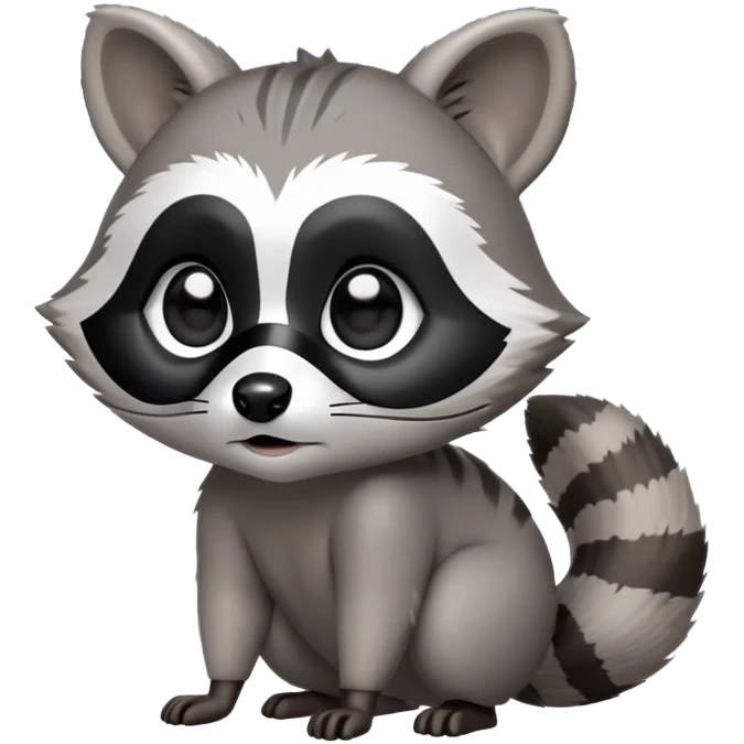 Cinematic-cute Raccoon-Realistic-hunched Full-Body on all fours-Emoji – Tail flicking lazily, head tilted dramatically, thick grey fur with a signature black mask, sharp and alert ears, simplified yet realistic focused features, highly detailed, glowing with an almost sarcastic glow. big black eyes emoji