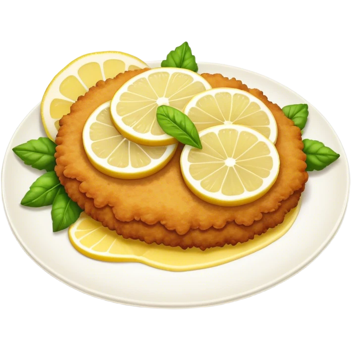 Cinematic Realistic Veal Schnitzel Dish Emoji, depicted as a golden, breaded veal cutlet served with lemon rendered with crisp textures and inviting, natural lighting. emoji