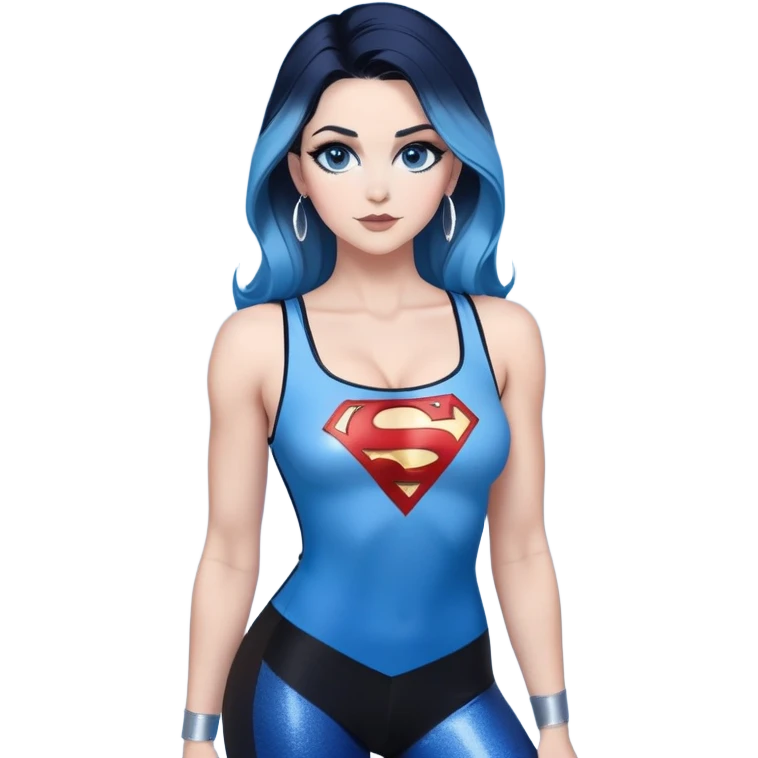 Show Full body with long legs-very very very large chest with clevage-beautiful face-black leggings-very long very straight dark blue to light blue ombre hair-and-blue eyes-thick black eyeliner-thick long eyelashes-sky blue lowcut tanktop with glitter superman logo-silver hoop earrings emoji