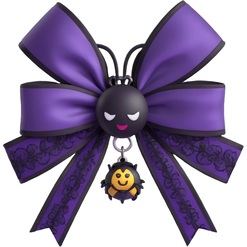 3D emoji gothic bow, dark plum satin, black lace trim, silver spider charm, moody and elegant emoji