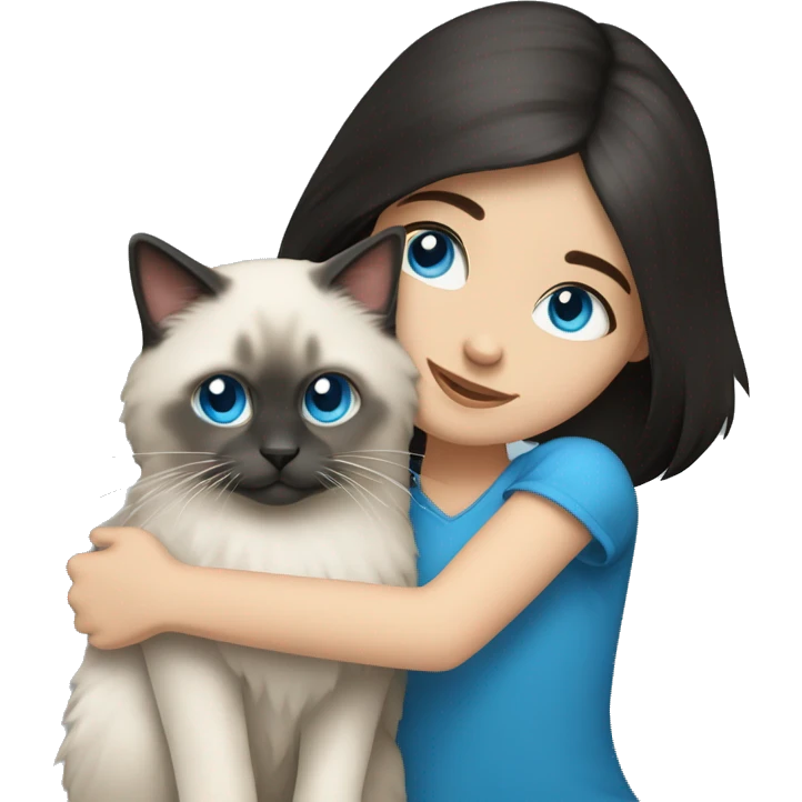 Dark-haired blue eyed girl hugging blue colorpoint ragdoll cat emoji