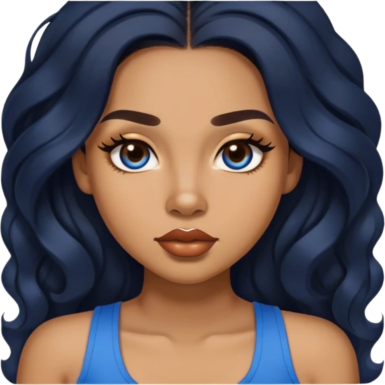 light brown skin tone, very beautiful woman, with big plump lips, long long lashes, black long wavy hair, middle hair parting, brown eyes, blue tank top emoji