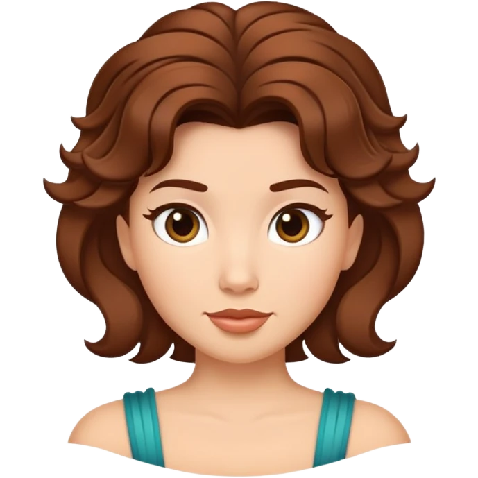 flat emoji-style digital illustration of a short, voluminous hairstyle inspired by Thalia from Disney's Hercules, rounded style with prominent upward flicks at the sides, rich brown color, black outline, no texture, white background emoji