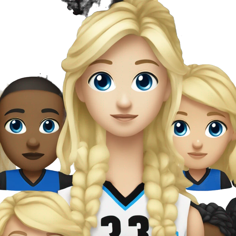 blonde blue eyes girl with boy with black hair and black eyes in basketball uniform number 31 emoji