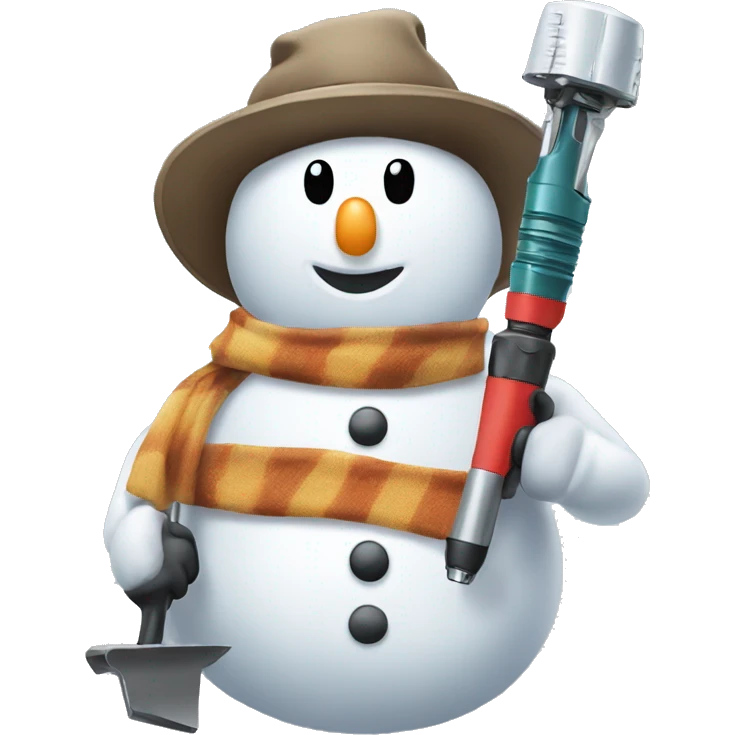 snowman with hat and scarf holding a drill emoji