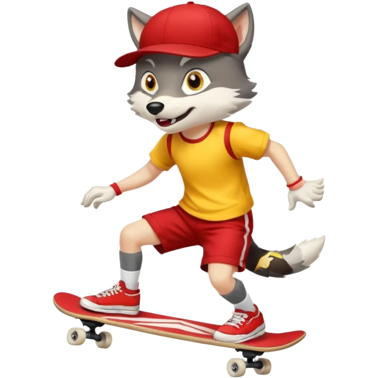 A gray wolf with large, expressive eyes and a friendly smile. The gray wolf is wearing a bright yellow T-shirt, red shorts, white knee socks, and sneakers. The baseball cap is on backwards. The wolf is preparing to perform a skateboarding trick. emoji