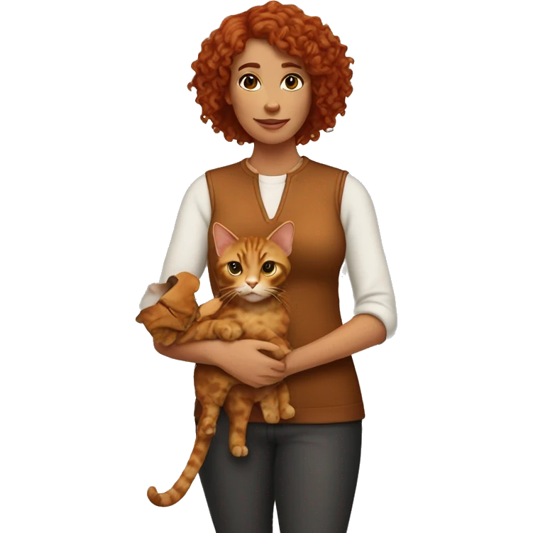 woman with curly copper hair holding a torti cat emoji