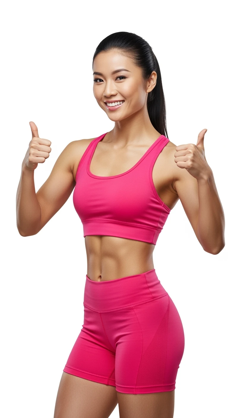 DONNA FITNESS FELICE CON POLLICI ALZATI, IPERREALISTICA 4K, SENZA SFONDO emoji