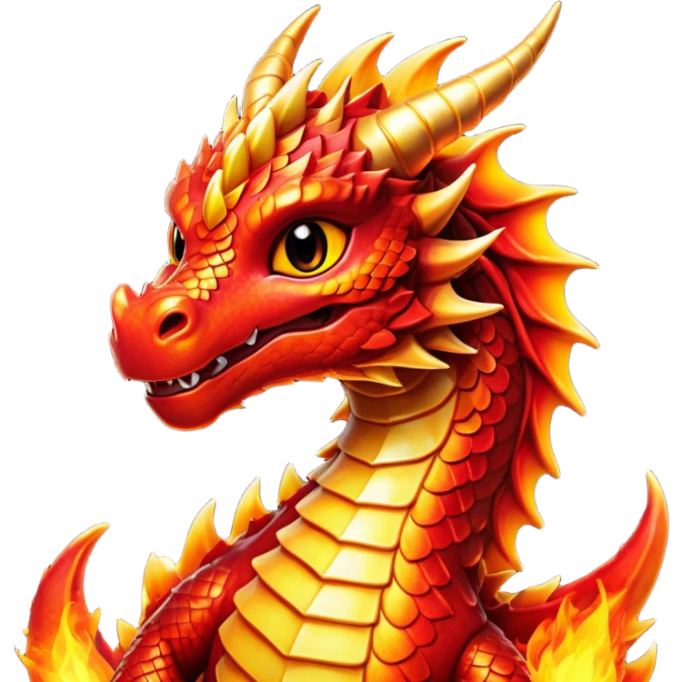Cinematic Cute Fierce Fire Dragon Portrait Emoji, Head tilted playfully and inquisitively, showcasing a robust, flame-embellished form with intricately detailed scales in vibrant reds and glistening golds, accented by flickering ember highlights and a warm, inviting glow; rendered with lifelike detail and radiant natural light, high shine, spirited yet endearing, styled with a touch of blazing whimsy, soft glowing outline, capturing the essence of a mischievous yet charming inferno that seems ready to dance with playful fire! emoji