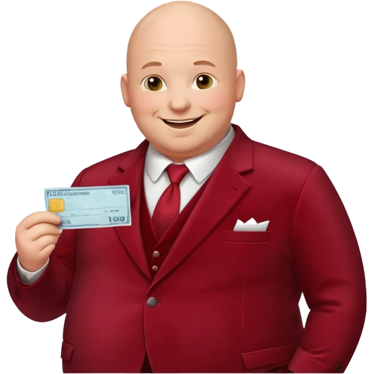 fat guy bold head in dark red velvet suit holding cheque emoji