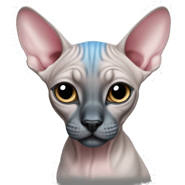 grey and little pink sphynx cat with blue eyes and black nose emoji