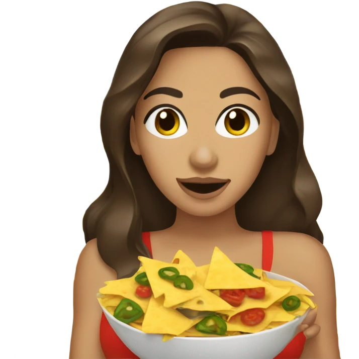 Brunette girl covered in nachos and cheese and jalapeno slices emoji