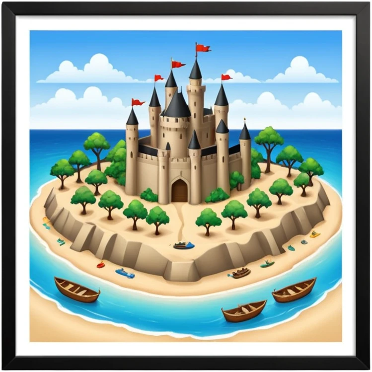 A huge island with trees boats and sand in the middle there is a huge beautiful castle emoji