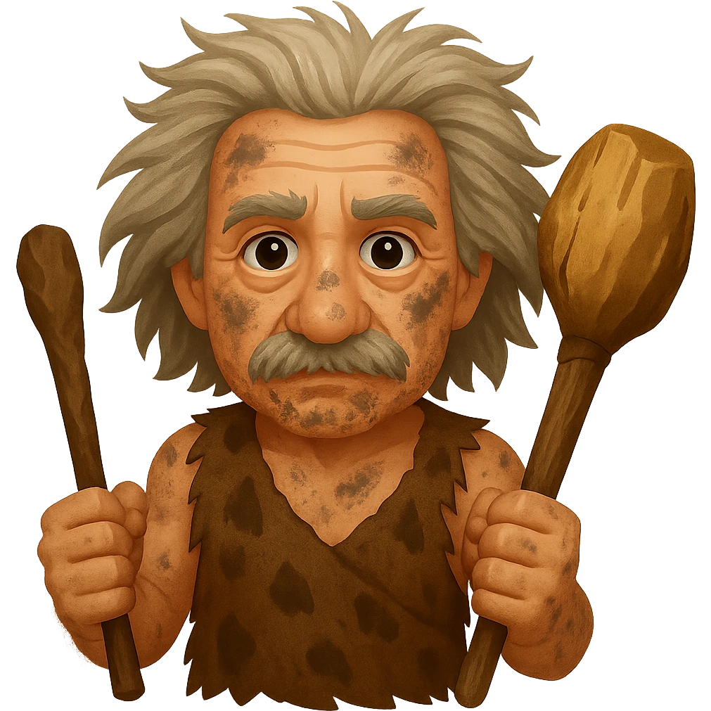 Make Albert Einstein as a caveman holding a club look more primitive, with rougher clothing, messy hair, and a more rugged appearance, in emoji style with no background. emoji