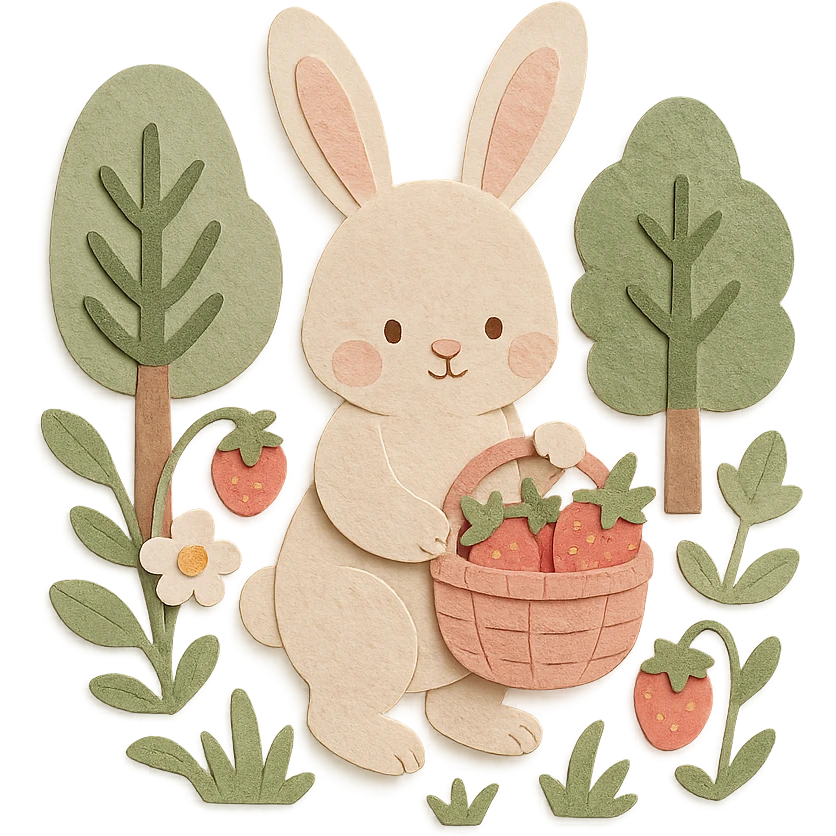 highly detailed, high quality paper craft style illustration of a bunny picking strawberries in the woods, sweet pastel red colors, intricate textures, soft lighting, delicate cut-paper details emoji