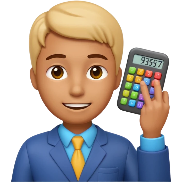 3D iPhone style emoji of a person using a calculator, finger pressing colorful buttons, digital display showing numbers, isolated on white background, soft shadows, high detail, playful and cute. emoji