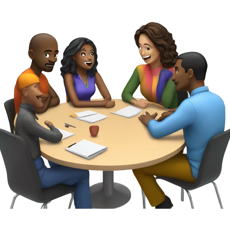 group discussion at a table colorful chairs emoji