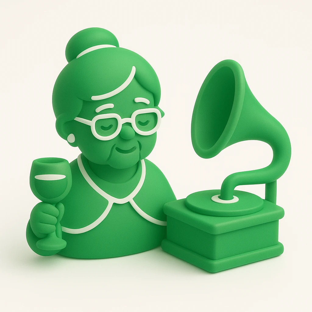 old lady with wineglass listening to gramophone emoji