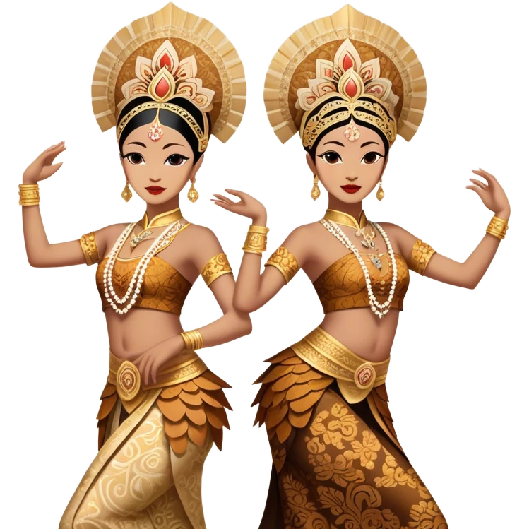 ​Cinematic Realistic Traditional Javanese Dancers, depicted as two graceful dancers in ornate traditional costumes with intricate batik patterns and elaborate headpieces, captured in dynamic poses during a ritual dance in an ancient temple courtyard, rendered with soft golden lighting and rich cultural textures, emoji