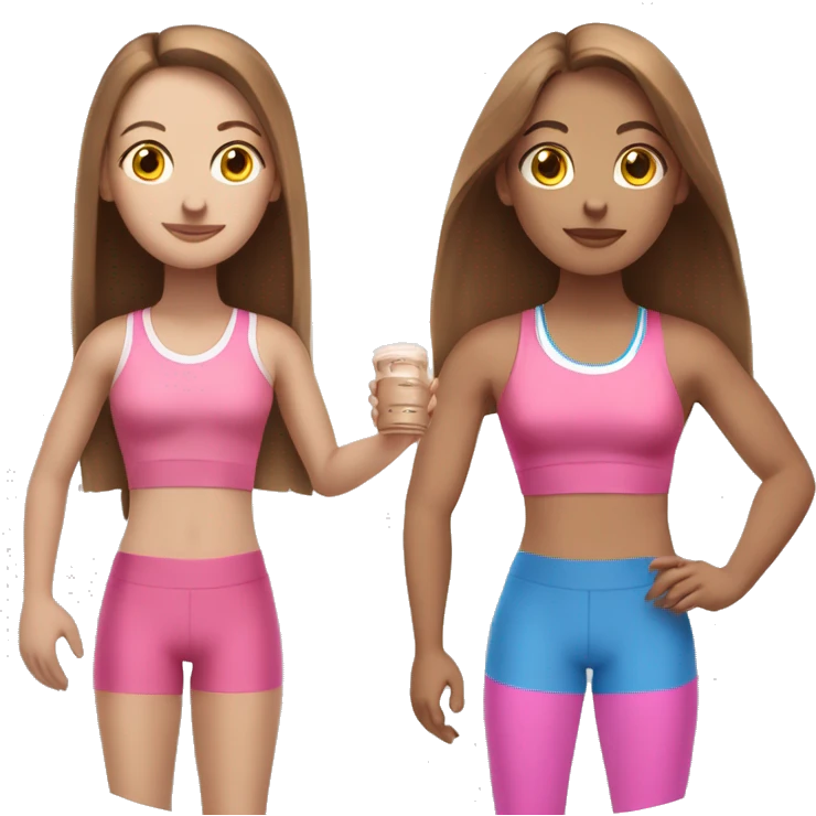 a girl with brown long straightened hair and blue eyes with pink leggings and pink sports top with a protein shake in her hand emoji