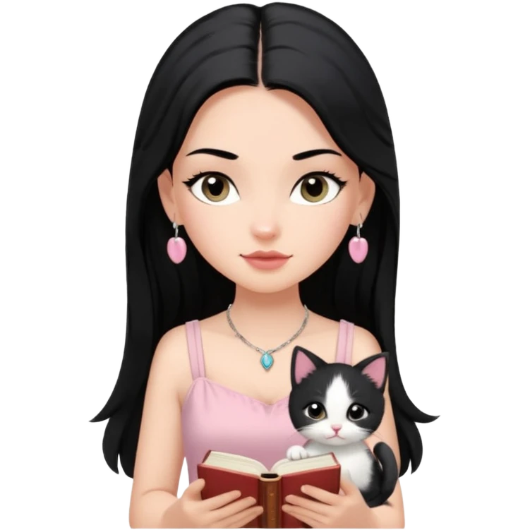 Menina branca ,cabelos pretos longos, olhos pretos puxados para cima. Cílios longos, lábios grossos ,nariz pequeno ,vestido rosa claro de alça. Colar e brinco bem pequeno. Lendo um livro com gatinho preto e branco. emoji