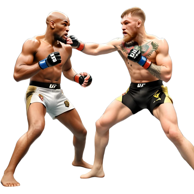 An MMA showdown between Conor McGregor and Anderson Silva in the octagon. McGregor is executing a powerful jumping strike, while Silva is expertly blocking the attack with his forearm. The background features the UFC octagon, fans in the distance, and dynamic action. Transparent background emoji