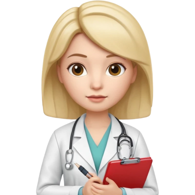 3D memoji female doctor holding clipboard and pen, slightly strict but kind facial expression, educational vibe, white medical coat, isolated PNG emoji