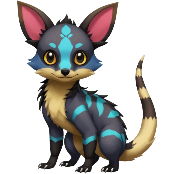 Rare exotic cute epic aesthetic gothic colorful Salandit-Eevee-Civet-species-Fakemon-hybrid-creature, with markings, full body emoji