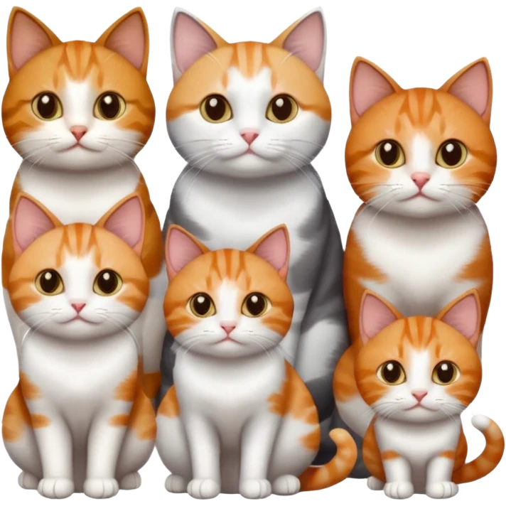 6 cats: 1 small ginger and white, 1 small brown tabby and white, 1 small grey and white, 1 big grey and white, 1 mostly grey with white paws and small white patch on chest and 1 calico emoji