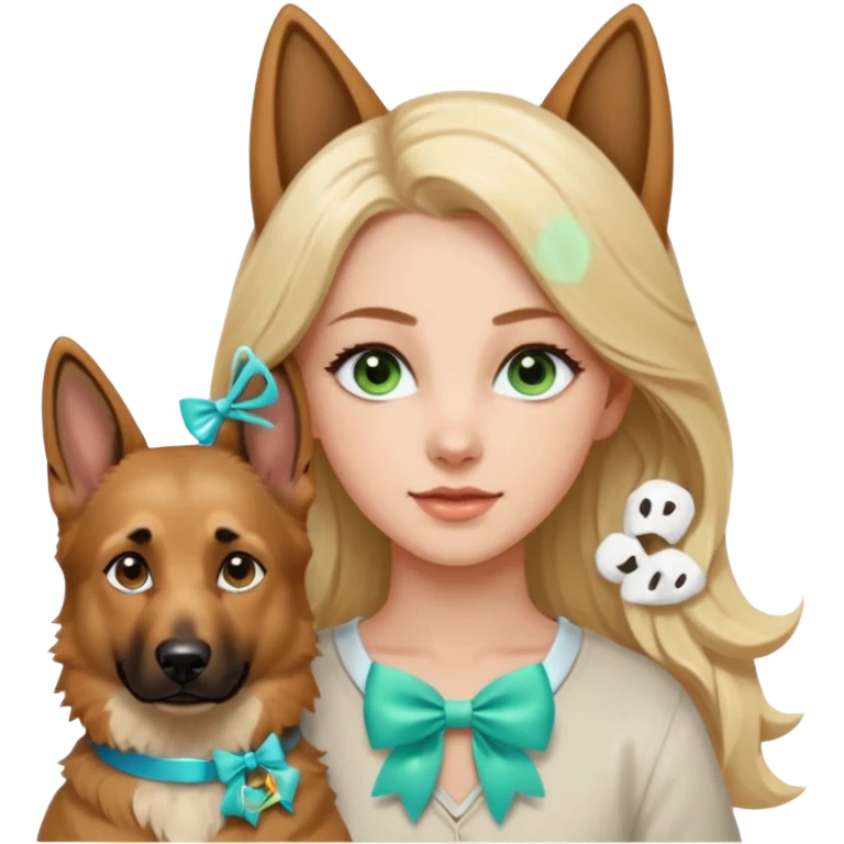 A white Long Wave blonde Hair Woman with blue-green eyes with a Brown eyed White Shepard with a little bit beige in then end of the ears and a lneom Link bow in neck in a lovely pose emoji
