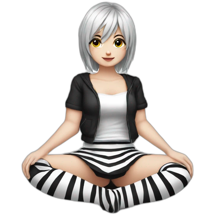 Frontal view curvy emo girl sits white skirt striped stockings hands up emoji