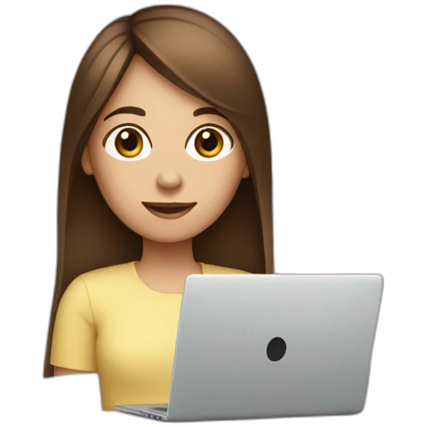 a girl with straight brown hair with a square behind a laptop emoji