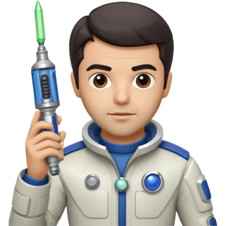 Sean Teale as Tristan the Doctor holding a sonic screwdriver in a space adventure emoji