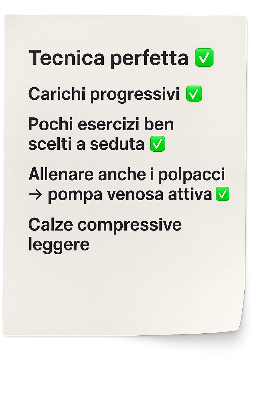 FOGLIO DI CARTA PER L'ALLENAMENTO IN PALESTRA CON LA SCRITTA "Tecnica perfetta
 ✅ Carichi progressivi
 ✅ Pochi esercizi ben scelti a seduta
 ✅ Allenare anche i polpacci → pompa venosa attiva
 ✅ Calze compressive leggere" , IPERREALISTICA 4K emoji