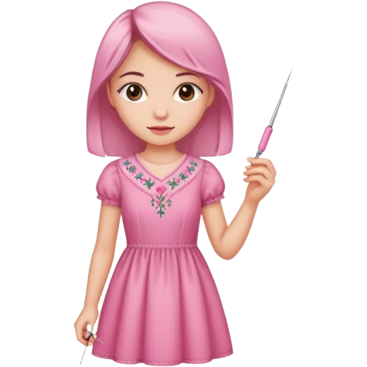یه دختر با لباس صورتی ودر حال دوختن شماره دوزی emoji