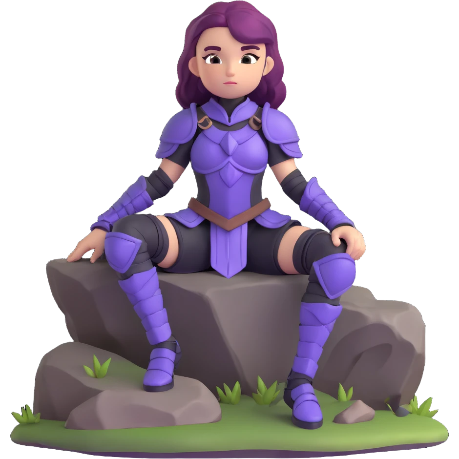 mysterious warrior girl with flowing purple hair, dressed in black armor, sitting on a rock emoji