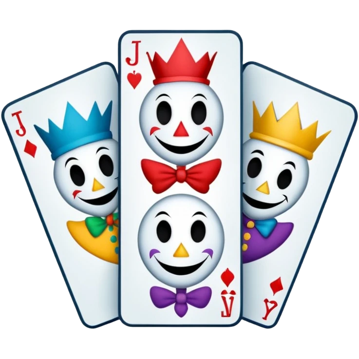 bunch of 3 poker cards, with crazy colorful human jolly jokers inside, inversed face, cuphead style emoji